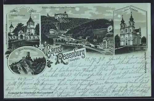 Mondschein-Lithographie Rosenburg i. Kampthal, Ruine Schauenstein, Maria Dreieichen und Schloss-Eingang