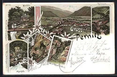 Lithographie Pernitz, Gasthaus Karnerwirt, Türkenjoch, Myrafälle