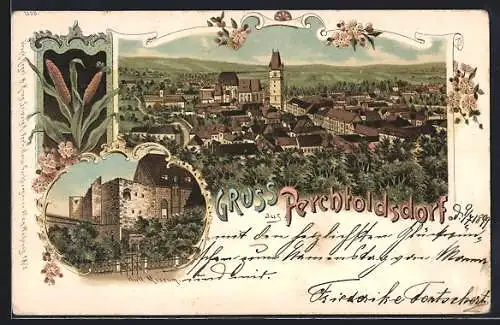 Lithographie Perchtoldsdorf, Hirtl Museum und Gesamtansicht bei Nacht