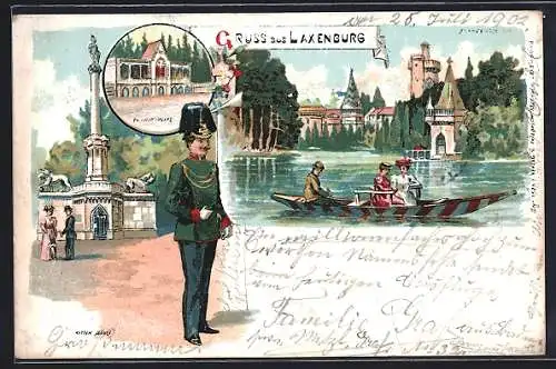 Lithographie Laxenburg, Turnier-Platz, Rittersäule und Soldat in Uniform