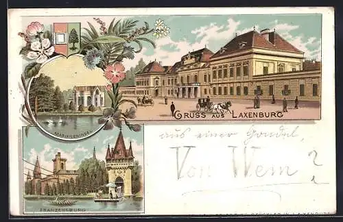 Lithographie Laxenburg, Franzensburg, Marianeninsel, Strassenpartie, Pferdekutsche, Wappen, Ruderboot, Schwäne