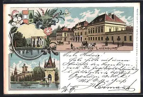 Lithographie Laxenburg, Marianeninsel, Franzensburg und Strassenpartie