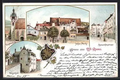 Lithographie Krems /N.-Oe., Hoher Markt, Piaristenkirche, Wegscheid