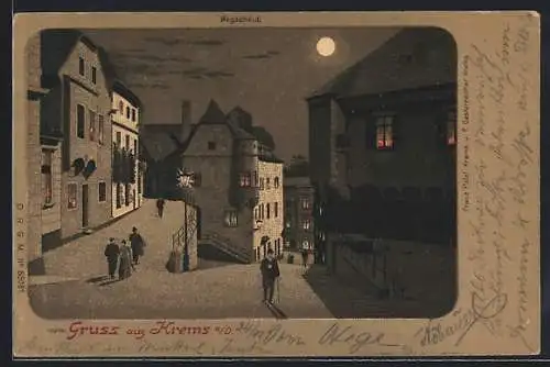 Mondschein-Lithographie Krems a. D., Strassenpartie mit Passanten