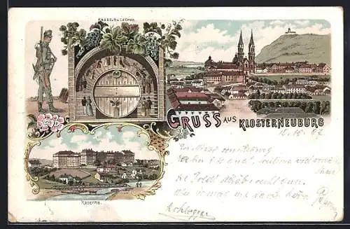 Lithographie Klosterneuburg, Kaserne, Ortsansicht, Fassrutschen im Stiftskeller