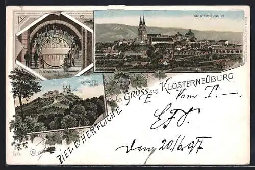 Lithographie Klosterneuburg, Ortsansicht mit Leopoldsberg und Stiftskeller