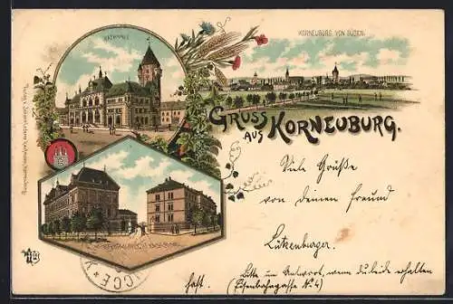 Lithographie Korneuburg, Erzh. Albrecht Kaserne, Rathaus