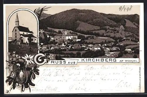 Lithographie Kirchberg am Wechsel, Kirche St. Corona, Ortsansicht