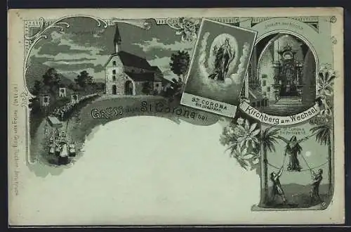 Mondschein-Lithographie St. Corona bei Kirchberg, Wallfahrts-Kirche mit Innenansicht und Gnadenbildern