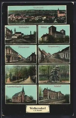 AK Wolkersdorf a. d. Staatsb., Gesamtansicht, Kirchenplatz, Schloss, Hauptstrasse, Allee und Park, Jahn-Denkmal