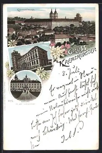 Lithographie Kremsmünster, Eingang in den Prälatenhof, Sternwarte und Obergymnasium