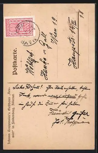 AK Finkenberg / Zillertal, Johann Troppmaier`s Gasthaus Neuwirt mit Bergen im Hintergrund