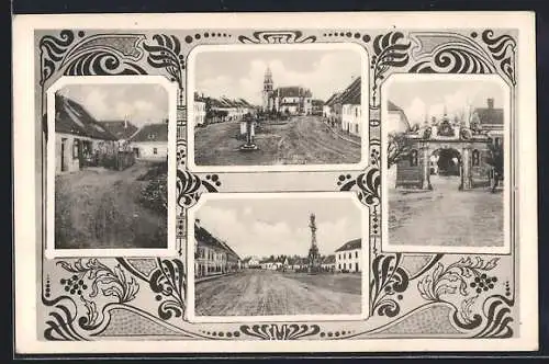 AK Göllersdorf /N.-Oe., Blick zur Kirche, Denkmal, Ortspartien