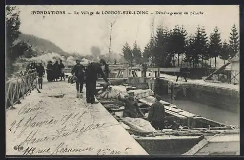 AK Inondations - Le Village de Lorroy-sur-Loing, Dèmènagement en pèniche, Hochwasser