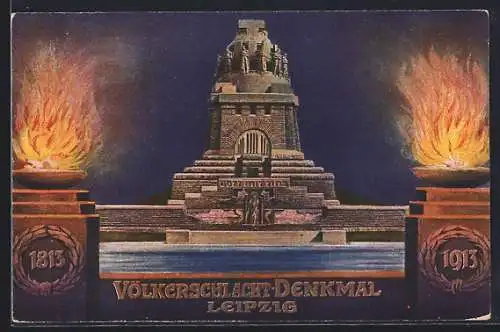 Künstler-AK Leipzig, Völkerschlacht-Denkmal, 1813-1913, Gott mit uns, Feuerschalen