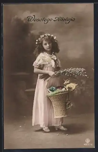 Foto-AK RPH SBW Nr. 4911 /12: Hübsches Mädchen mit Blumenkranz im Haar und Osterkorb