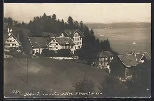 AK Walzenhausen Moos, Hotel-Pension Sonne aus der Vogelschau