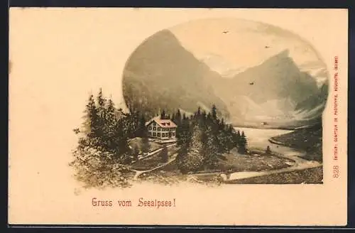 AK Seealpsee, Gebäude und See mit Bergpanorama