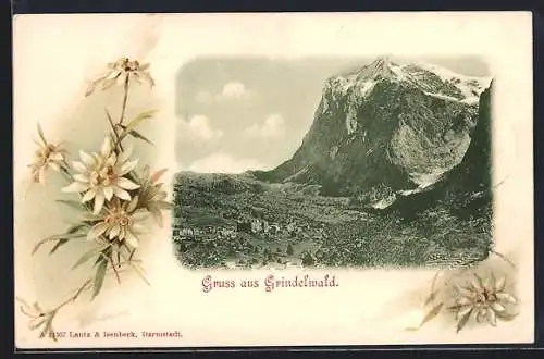 Lithographie Grindelwald, Gesamtansicht mit Felsmassiv, Edelweiss