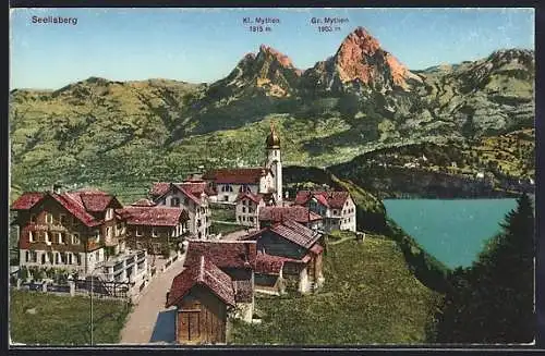 AK Seelisberg, Ortsansicht mit Blick zum Kleinen und Grossen Mythen