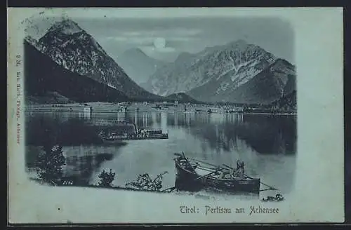 Mondschein-AK Pertisau am Achensee, Panorama mit Boot