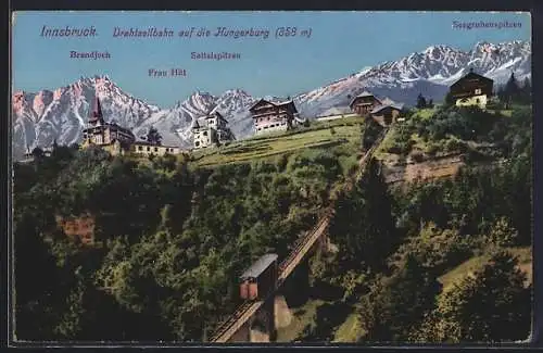 AK Innsbruck, Drahtseilbahn auf die Hungerburg, Blick auf Brandjoch, Seegrubenspitzen und Sattelspitzen, Bergbahn