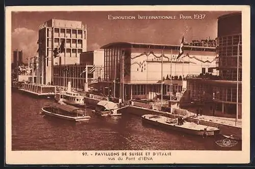 AK Paris, Exposition internationale 1937, Pavillons de Suisse et d`Italie vus du pont d`Iena, Dampfer