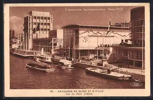 AK Paris, Exposition internationale 1937, Pavillons de Suisse et d`Italie vus du pont d`Iena, Dampfer