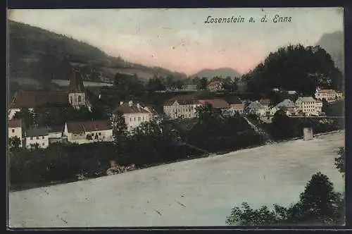 AK Losenstein, Blick über die Enns mit der Katholischen Pfarrkirche hl. Blasius