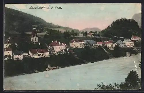 AK Losenstein, Blick über die Enns mit der Katholischen Pfarrkirche hl. Blasius