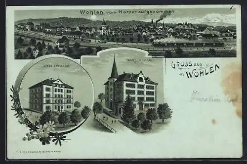 Mondschein-Lithographie Wohlen, Teilansicht vom Harzer aufgenommen, Altes Schulhaus, Neues Schulhaus