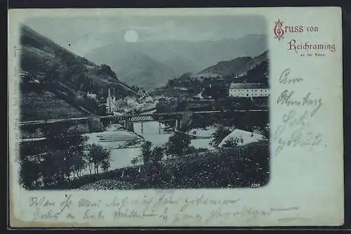 Mondschein-AK Reichraming an der Enns, Teilansicht mit Brücke