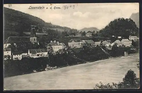 AK Losenstein, Blick über die Enns mit der Katholischen Pfarrkirche hl. Blasius