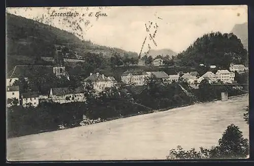 AK Losenstein, Blick über die Enns mit der Katholischen Pfarrkirche hl. Blasius