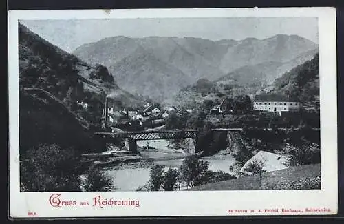 AK Reichraming, Blick zur Brücke vor dem Ort, Gebirgsblick