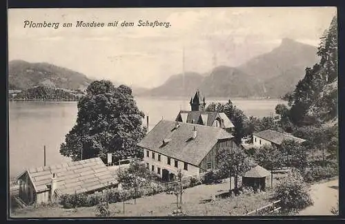 AK Plomberg am Mondsee, Ortsansicht mit dem Schafberg