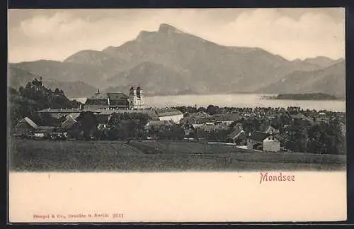 AK Mondsee, Ortsansicht gegen den Schafberg