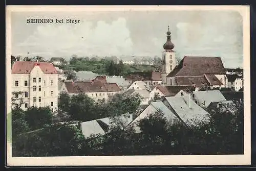 AK Sierning, Blick über die Dächer der Stadt auf die Kirche