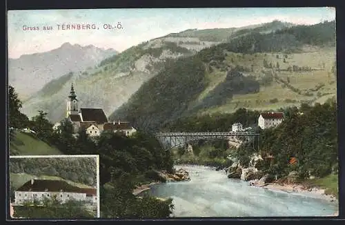 AK Ternberg, Blick zum Ort mit Brücke über den Fluss, Gebäudeansicht