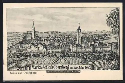 Künstler-AK Obernberg, Stadtansicht anno 1640