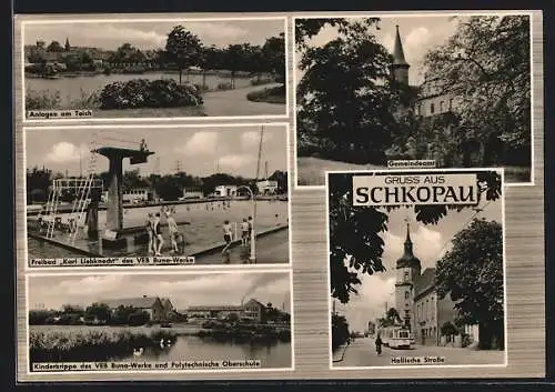 AK Schkopau, Hallische Strasse, Freibad Karl Liebknecht, Gemeindeamt