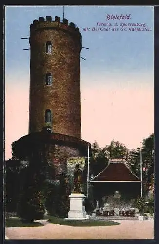 AK Bielefeld, Turm am Sparrenburg mit Denkmal des Gr. Kurfürsten