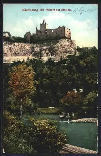 AK Saaleck, Motorbootstation mit Blick zur Ruine Rudelsburg