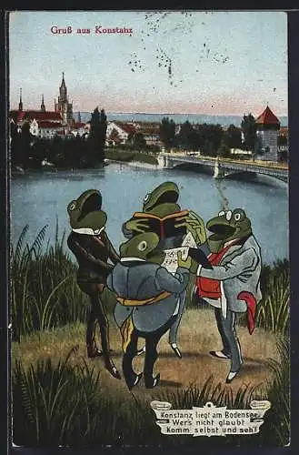 AK Konstanz, Frösche singen am Ufer vor der Stadt