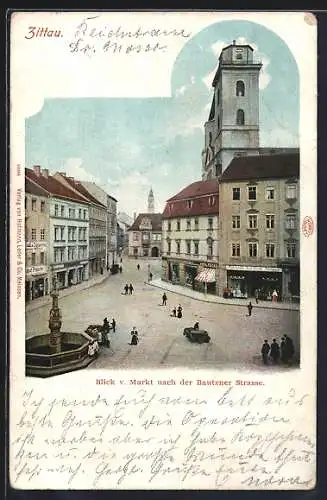 AK Zittau, Blick v. Markt nach der Bautzener Strasse mit Geschäfte und Springbrunnen