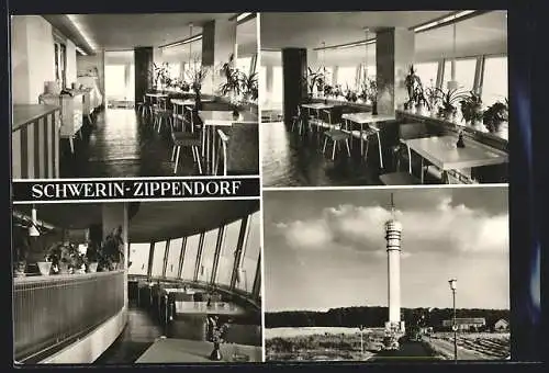 AK Schwerin-Zippendorf, Partie am Fernsehturm, Innenansicht des Restaurants