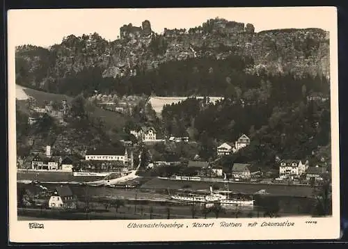 Foto-AK Walter Hahn, Dresden, Nr. 11116: Rathen, Ortsansicht mit Blick auf Lokomotive, Elbsandsteingebirge