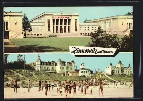AK Zinnowitz auf Usedom, Kulturhaus und Strandleben mit Blick zu den Hotels