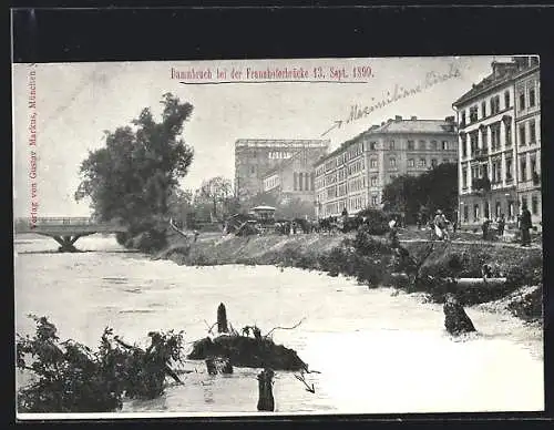 AK München, Dammbruch bei der Fraunhoferbrücke 13. Sept. 1899, Hochwasser