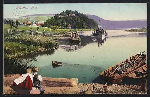 AK Polle, Junge und Mädchen sitzen an der Weser und betrachten einen ankommenden Dampfer